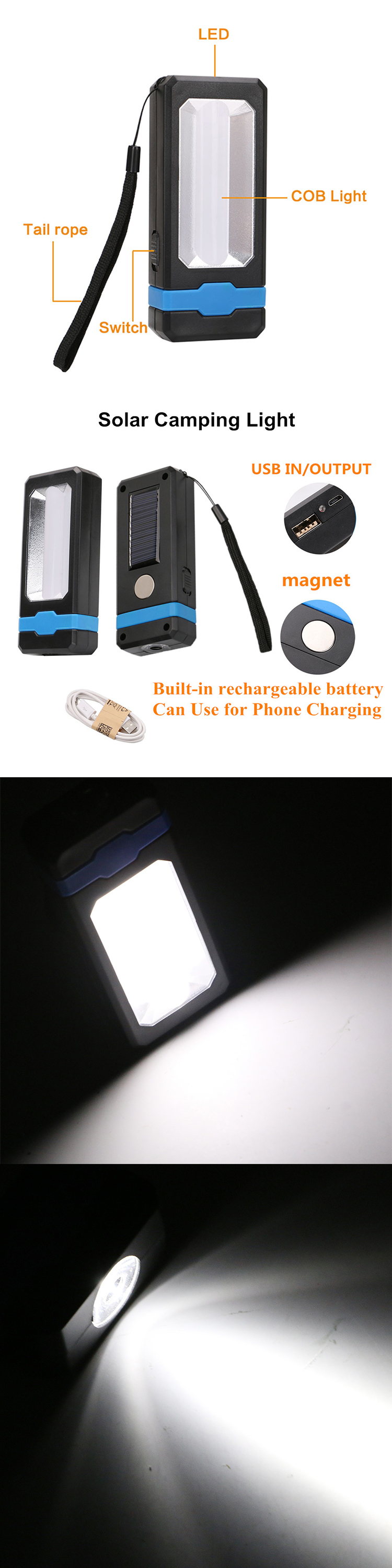 Solar Powered Emergency floodlight Portable Phone Power bankled solar light Magnetic USB rechargeable led work lights