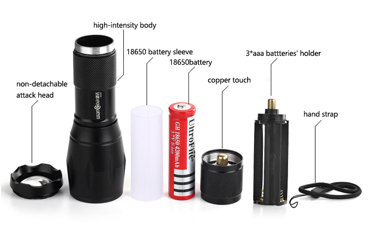 Standard size set T6 adjustable focus rechargeable battery portable led tactical flashlight