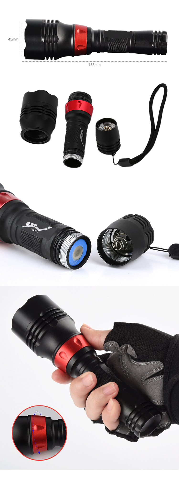 T6 Mini LED Lamp Adjustable Zoom Focus Torch Waterproof light Fishing Camping Riding Underwater Diving Flashlight