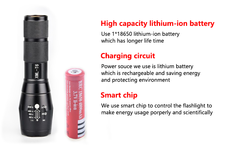 Standard size set T6 adjustable focus rechargeable battery portable led tactical flashlight