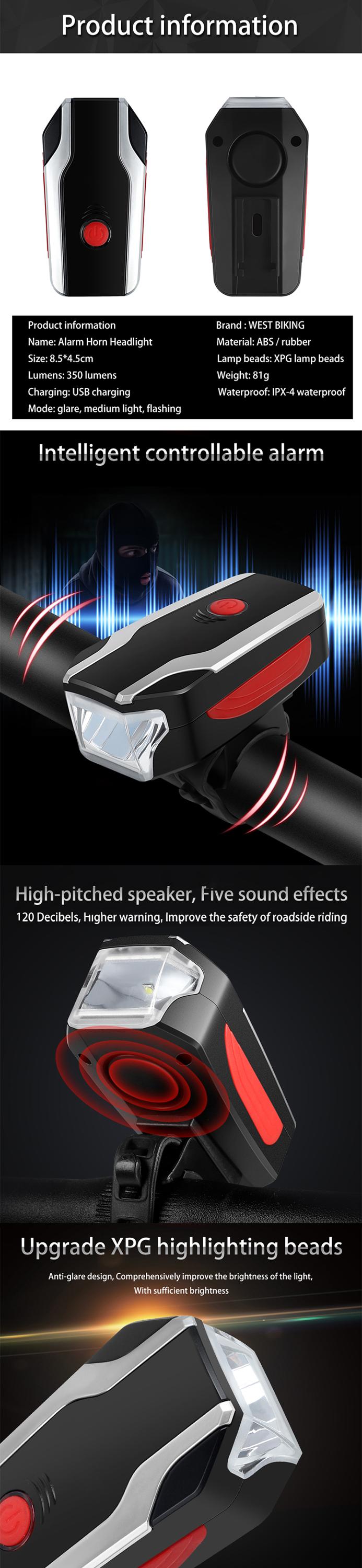 USB Rechargeable 350lm Bicicleta Headlight handlebar flashlight 120DB Alarm Speaker Bike Front Lamp LED Bicycle Light With Horn